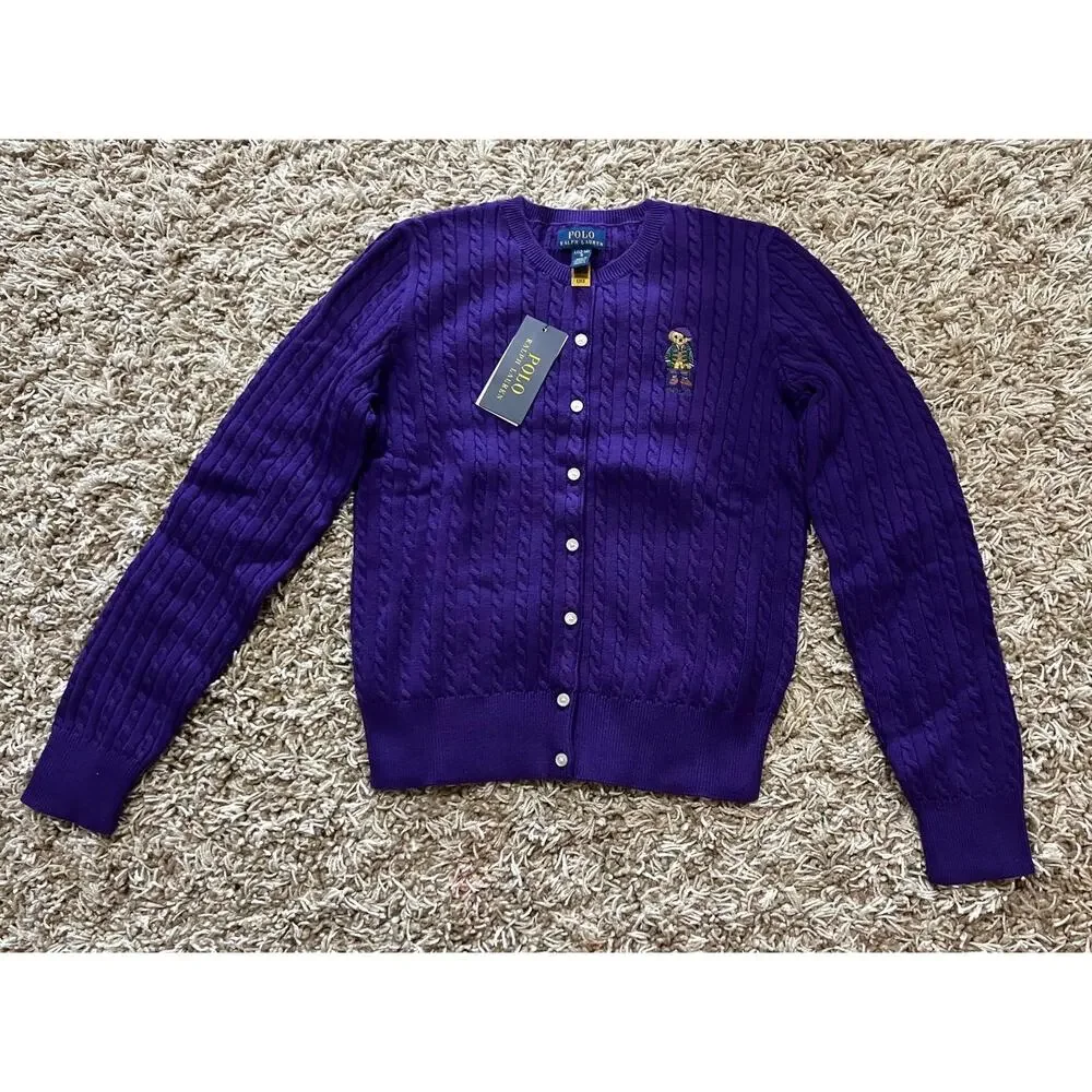 NWT❤️Polo Ralph Lauren Big Girls Polo Bear Mini Cable Cotton Cardigan szL